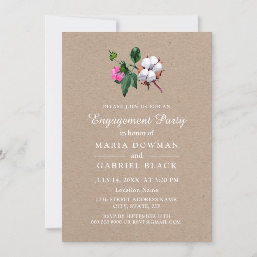 Invitation Fleur de coton. Fiançailles botanique rustique (Devant)