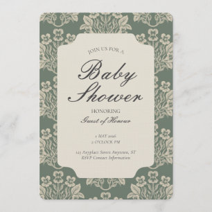 Invitation Fleur de damas vintage pour baby shower vert beige