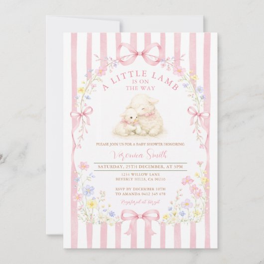 Invitation Fleur de douche pour bébé Little Lamb à rayures ro (Devant)