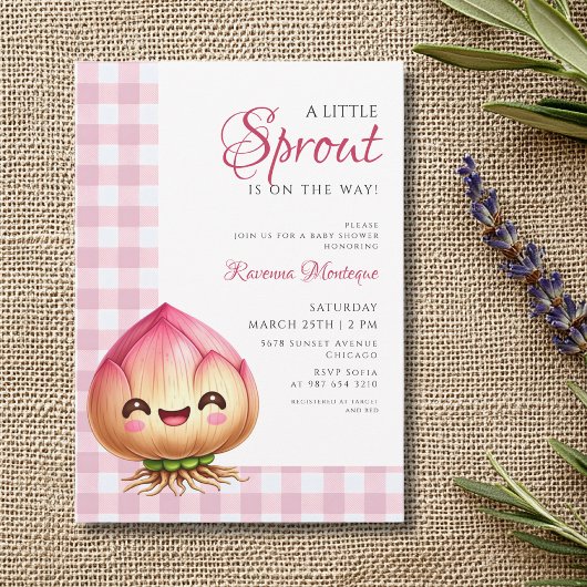 Invitation Fleur de gingham rose bulbe petite pousse shower d