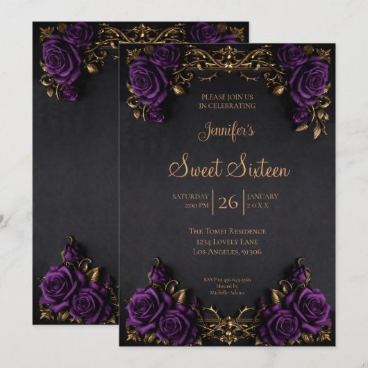 Invitation Fleur de Gothic Sweet 16 violet foncé (Devant / Derrière)