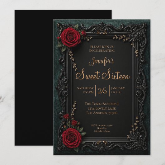 Invitation Fleur de gothique rouge foncé Sweet 16 (Devant / Derrière)
