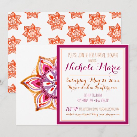 Invitation Fleur de henné Fuschia (Devant / Derrière)