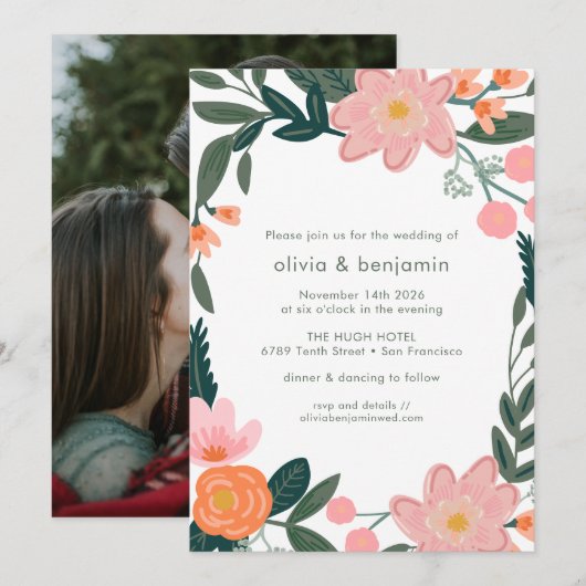 Invitation Fleur de jardin rose et vert Mariage été (Devant / Derrière)