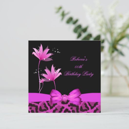 Invitation Fleur de léopard rose chaud fête d'anniversaire (Debout devant)