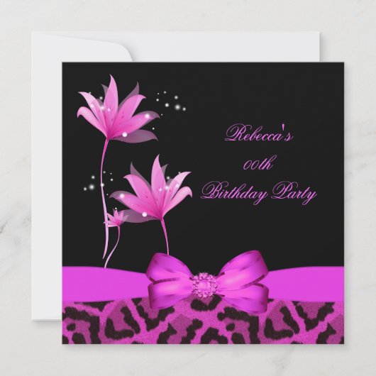 Invitation Fleur de léopard rose chaud fête d'anniversaire (Devant)