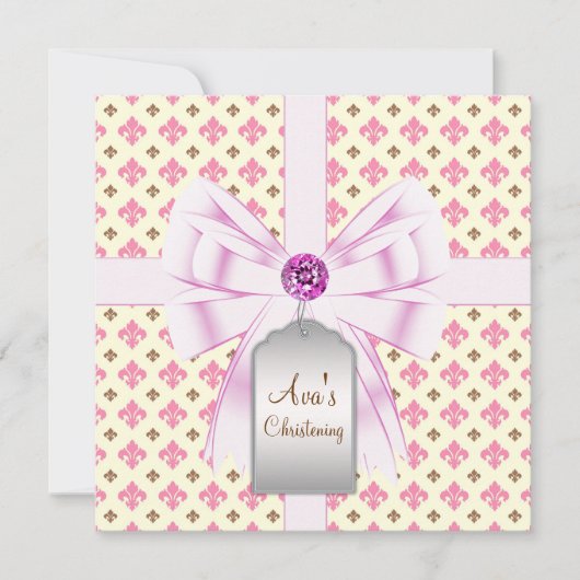 Invitation Fleur de Lis Bébé Christening Rose Marron (Devant)