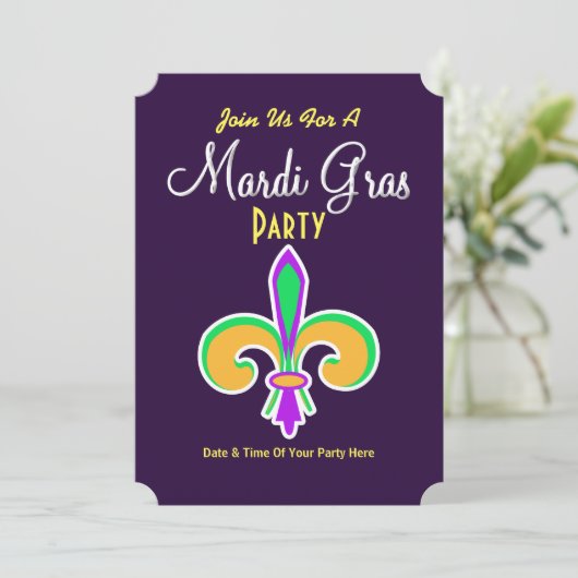Invitation Fleur De Lis Couleurs de Mardi Gras (Debout devant)