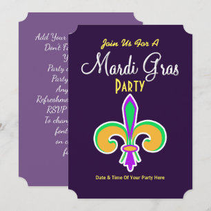 Invitation Fleur De Lis Couleurs de Mardi Gras