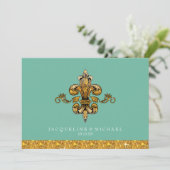 Invitation Fleur de Lis Gold Turquoise Aqua Mariage (Debout devant)