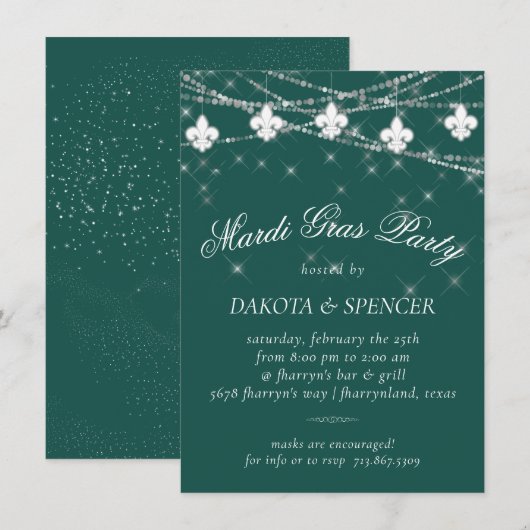 Invitation Fleur de Lis | Green Mardi Gras Party (Devant / Derrière)