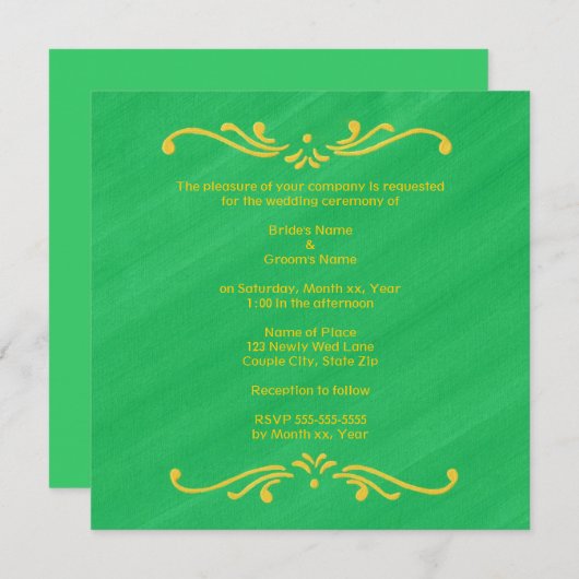 Invitation Fleur De Lis Jaune Bordure sur Mariage Vert Invite (Devant / Derrière)
