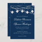 Invitation Fleur de Lis Lumières Bleues Marine | Mariage rust (Devant / Derrière)