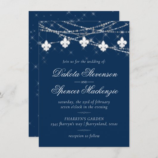 Invitation Fleur de Lis Lumières Bleues Marine | Mariage rust (Devant / Derrière)