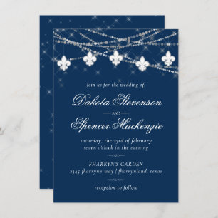 Invitation Fleur de Lis Lumières Bleues Marine   Mariage rust