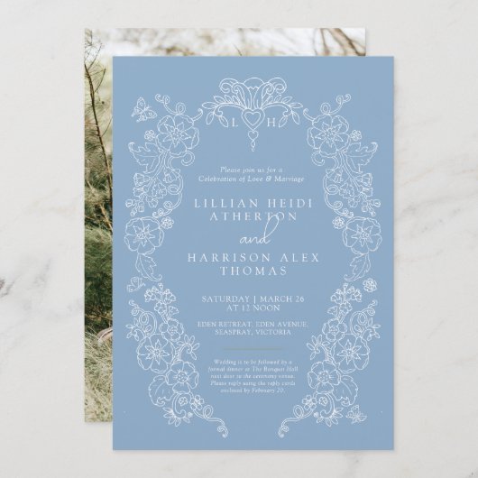 Invitation Fleur de lis mariage bleu poussiéreux blanc (Devant / Derrière)