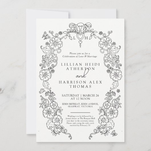 Invitation Fleur de lis mariage noir blanc (Devant)