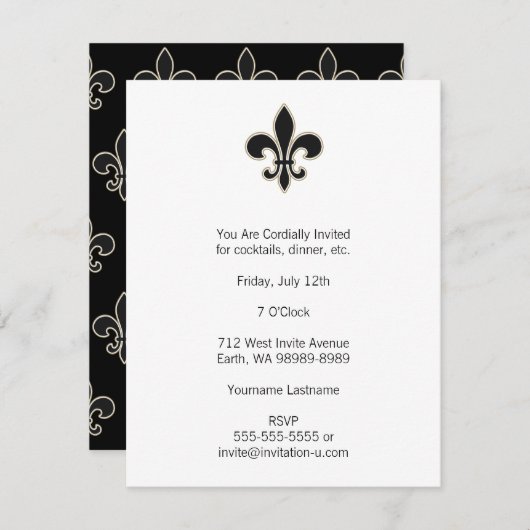Invitation Fleur de Lis Noir avec Blanc et Or (Devant / Derrière)