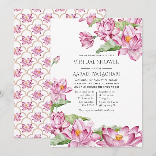 Invitation Fleur de lotus à l'aquarelle Douche virtuelle indi (Devant / Derrière)