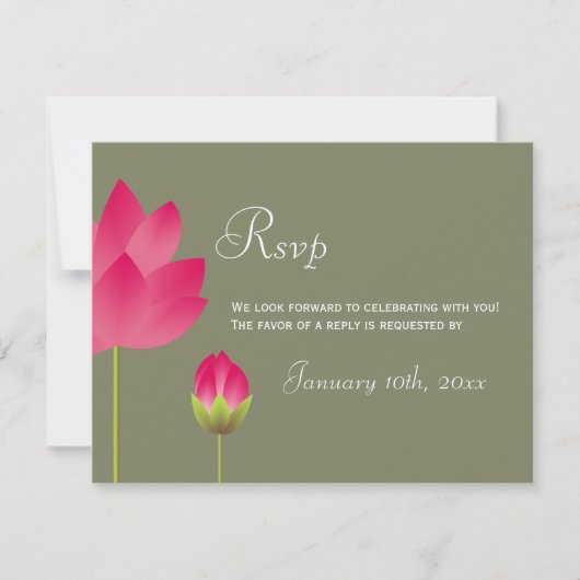 Invitation Fleur de lotus rose rouge réponse au mariage vert (Devant)