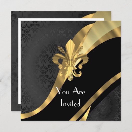 Invitation Fleur de lys or sur damas noir (Devant / Derrière)