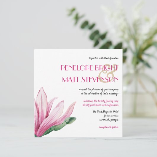 Invitation Fleur De Magnolia Rose En Fleur Mariage (Debout devant)