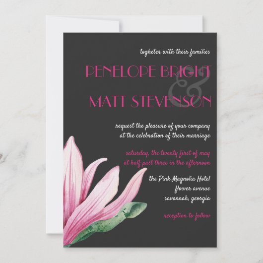 Invitation Fleur de Magnolia rose en fleurs | Mariage gris (Devant)