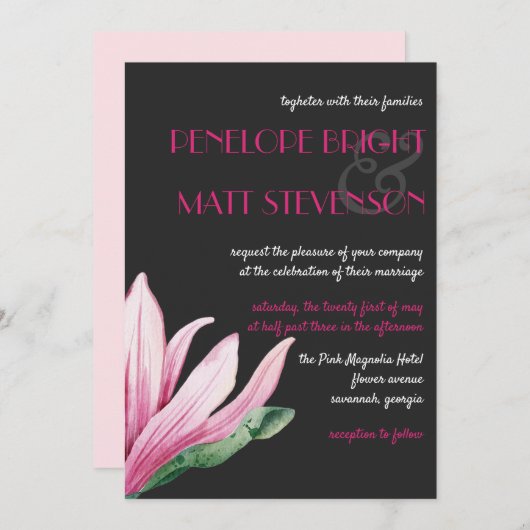 Invitation Fleur de Magnolia rose en fleurs | Mariage gris (Devant / Derrière)