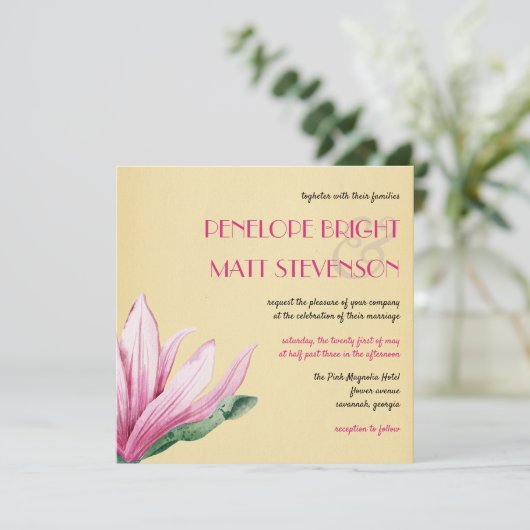 Invitation Fleur de Magnolia rose | Papier ancien | MARIAGE (Debout devant)