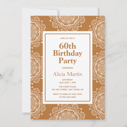 Invitation Fleur de mandala cuivre et blanc 60e anniversaire (Devant)