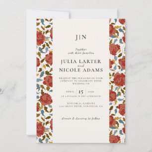 Invitation Fleur de mariage Rose Rouge Dorée Élégante Poussié