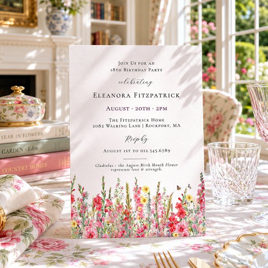 Invitation Fleur de naissance du mois d'août pour 18 ans Glad