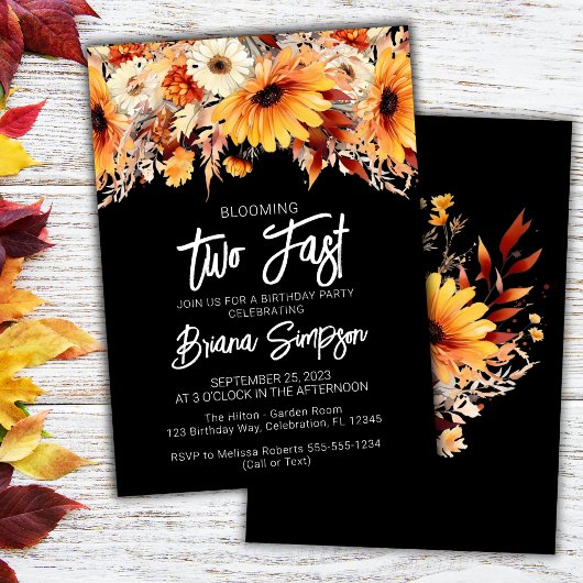 Invitation Fleur de naissance noir 2e anniversaire d'automne