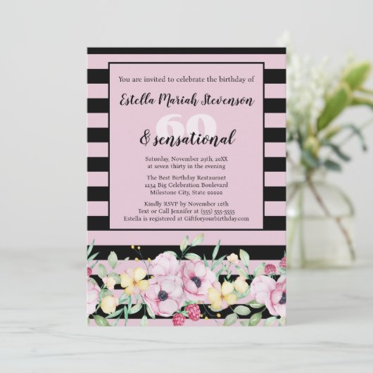 Invitation Fleur de naissance rayée rose blush noir classe (Debout devant)