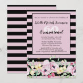 Invitation Fleur de naissance rayée rose blush noir classe (Devant / Derrière)
