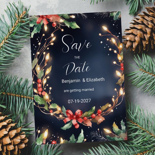 Invitation Fleur de Noël bleu rouge wreathe Save the Date