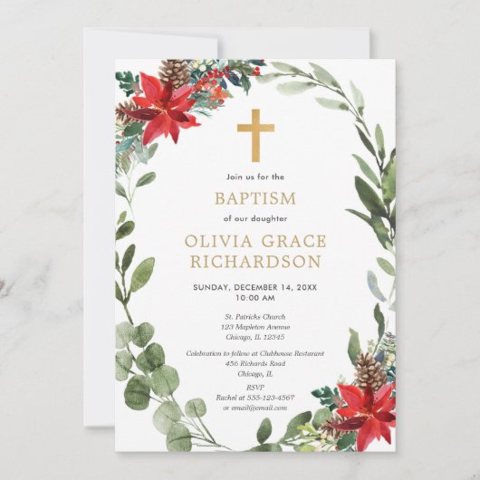 Invitation Fleur de Noël vert rouge couronnes Baptême (Devant)