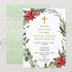 Invitation Fleur de Noël vert rouge couronnes Baptême
