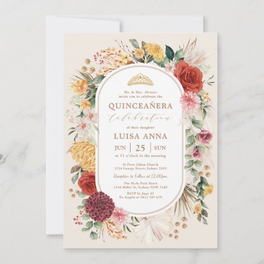 Invitation Fleur de Pampas Boho Tropical Quinceañera Annivers (Devant)