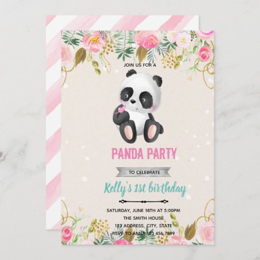 Invitation fleur de panda fille (Devant / Derrière)