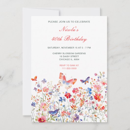 Invitation Fleur de papillon d'été fête d'anniversaire (Devant)