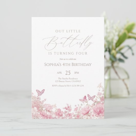 Invitation Fleur de papillon rose anniversaire (Debout devant)