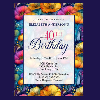 Invitation Fleur de pavot colorée et vibrante 40e anniversair