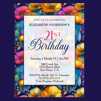 Invitation Fleur de pavot colorée et vibrante pour 21e annive