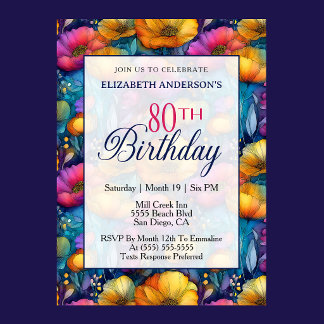 Invitation Fleur de pavot colorée et vibrante pour 80 ans