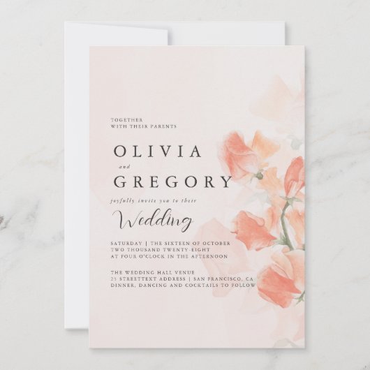 Invitation Fleur de Pêche Simple Mariage élégant (Devant)