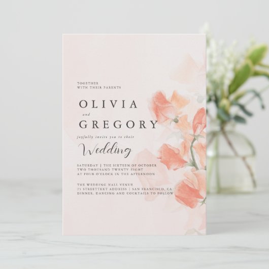 Invitation Fleur de Pêche Simple Mariage élégant (Debout devant)
