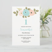 Invitation Fleur de Pêche turquoise Fille ou garçon 1er fête (Debout devant)