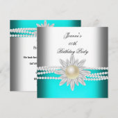Invitation Fleur de perle blanche bleue sarcelle d'anniversai (Devant / Derrière)