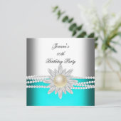 Invitation Fleur de perle blanche bleue sarcelle d'anniversai (Debout devant)